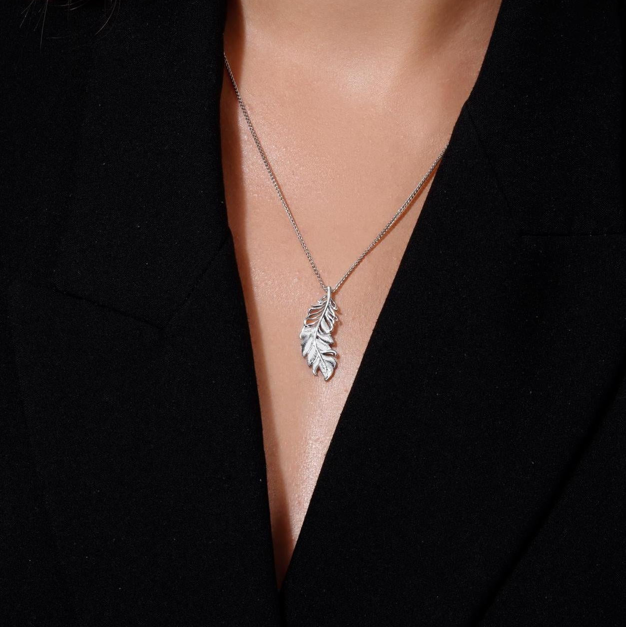 White Gold Feather Pendant - Unisex