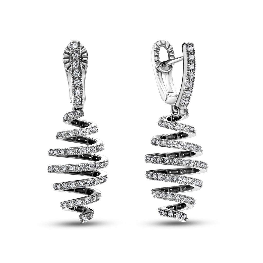 Boucles d'oreilles spirale diamant or blanc fabriquées à la main Élégantes
