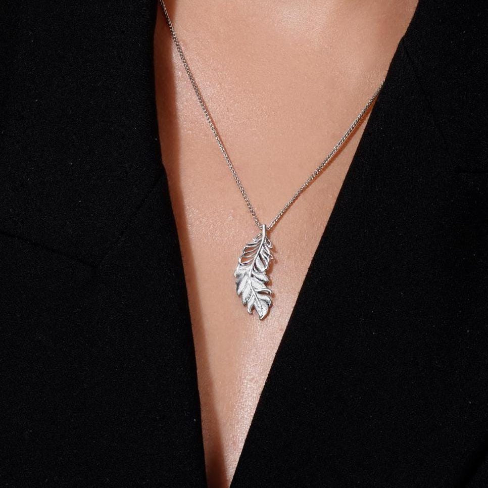 White Gold Feather Pendant - Unisex