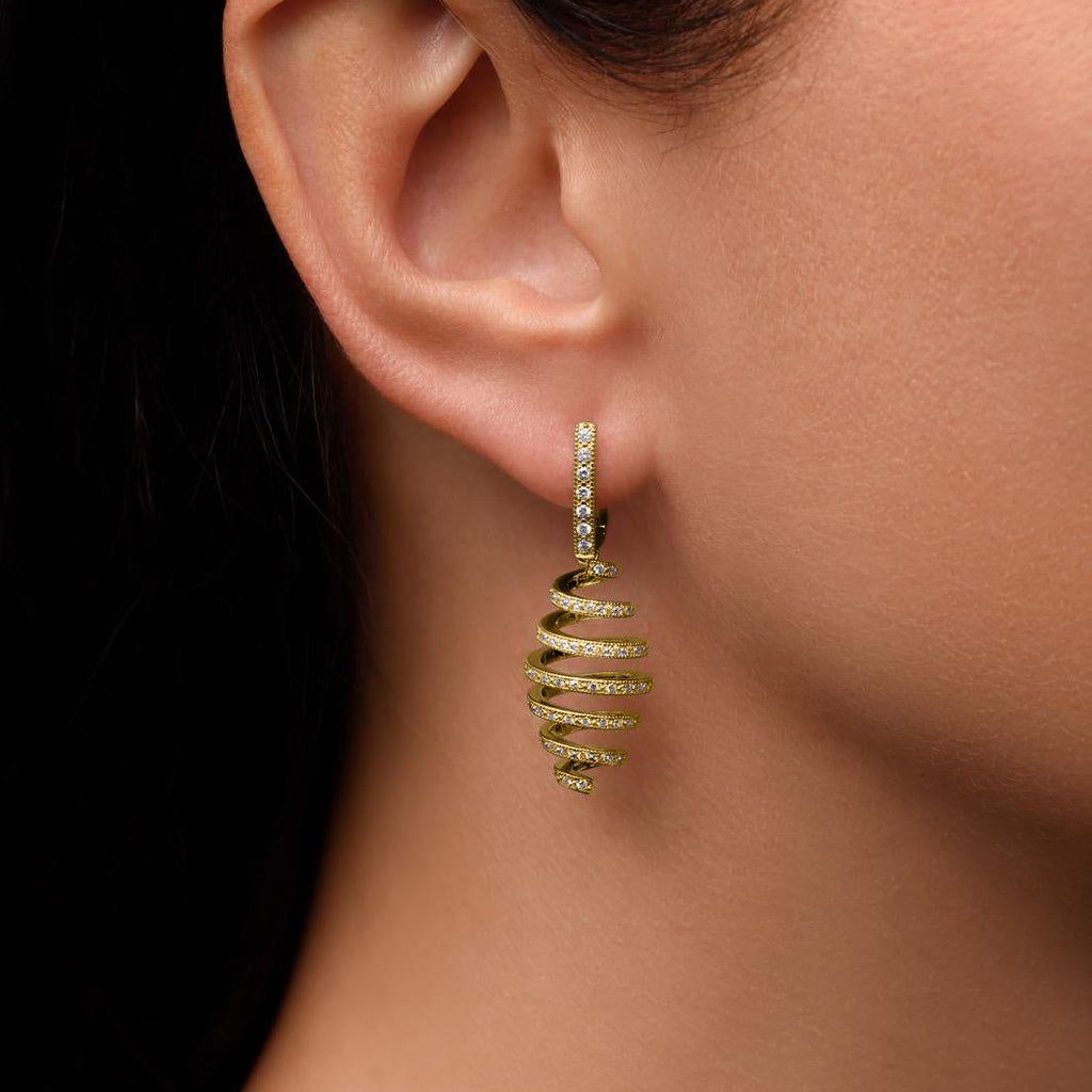 Handcrafted Yellow Gold Spiral Diamond Earrings