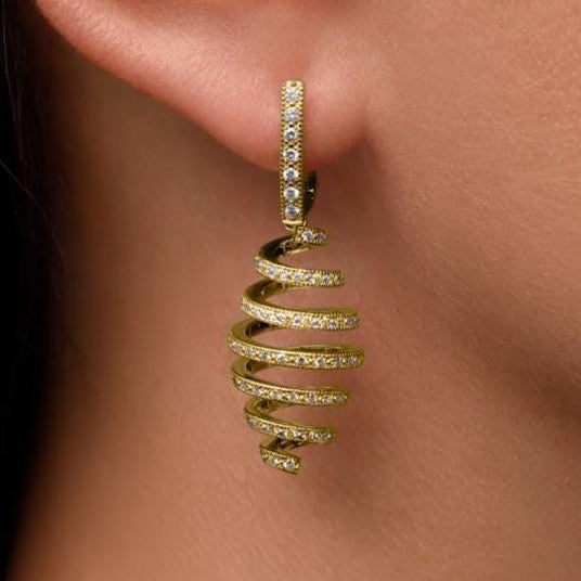 Handcrafted Yellow Gold Spiral Diamond Earrings